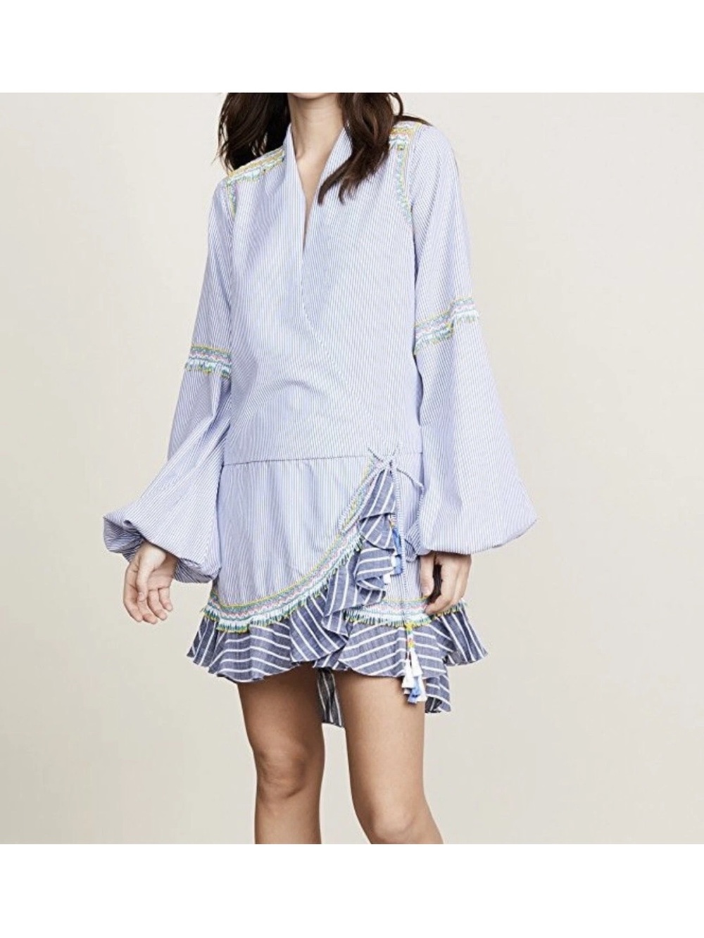 Rococo Sand Blue and White Striped Tunic with Embroidered Accent